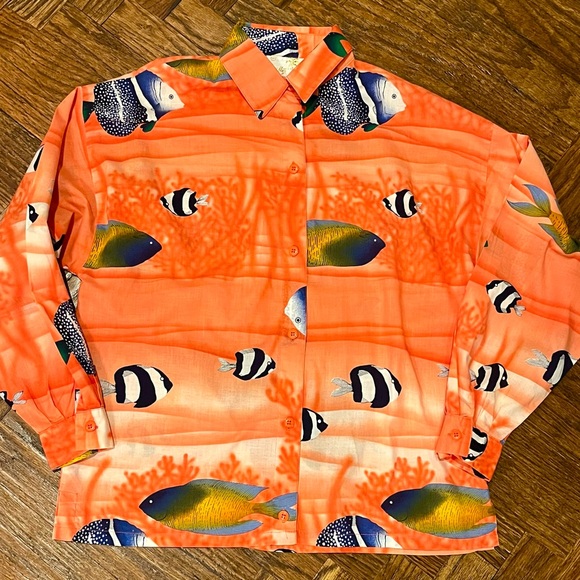 VTG Gottex Hawaiian Tropical Fish Long Sleeve Shirt Blouse Coral S - Picture 5 of 6